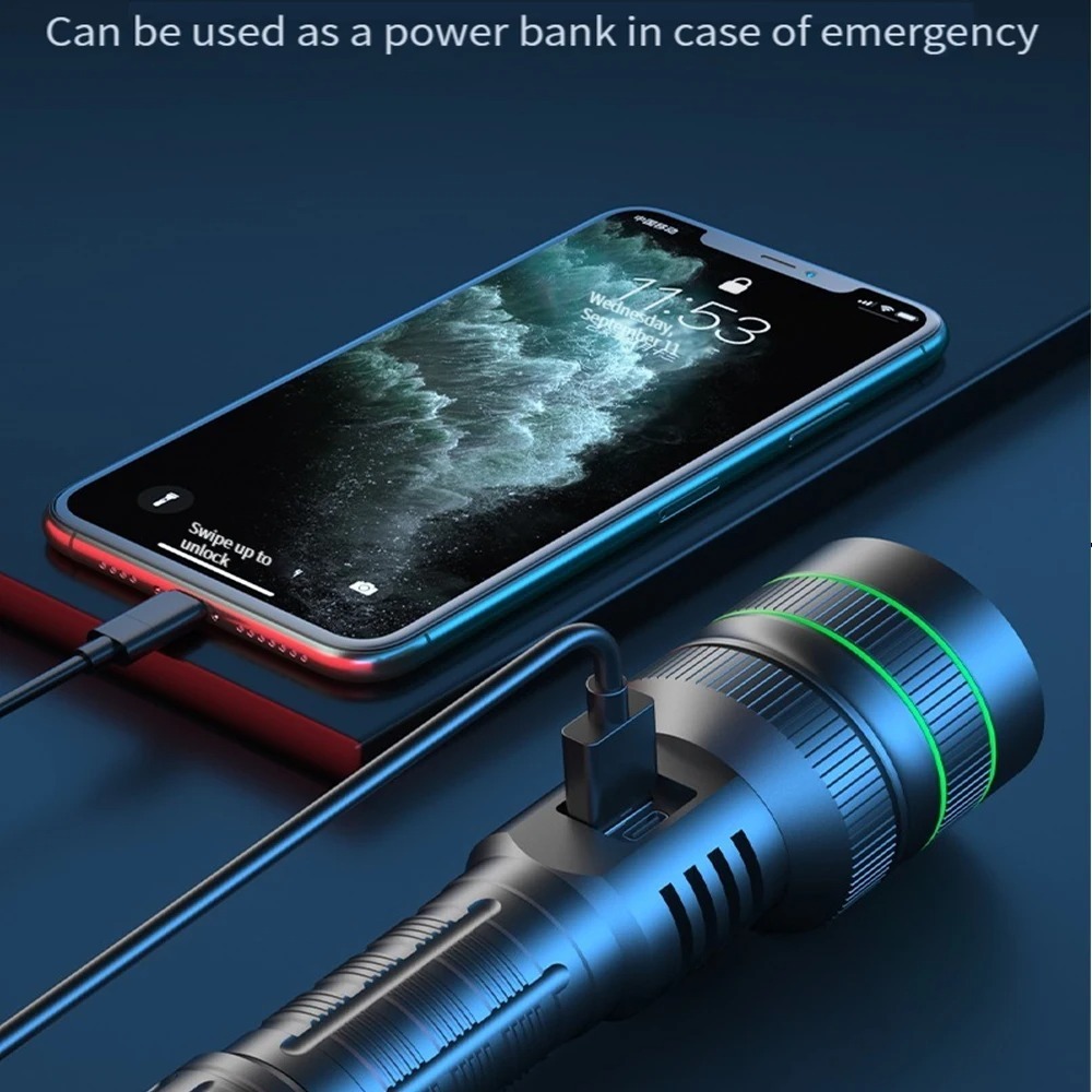 Potente linterna LED con zoom, - Outdoor Power Bank reseña y precio